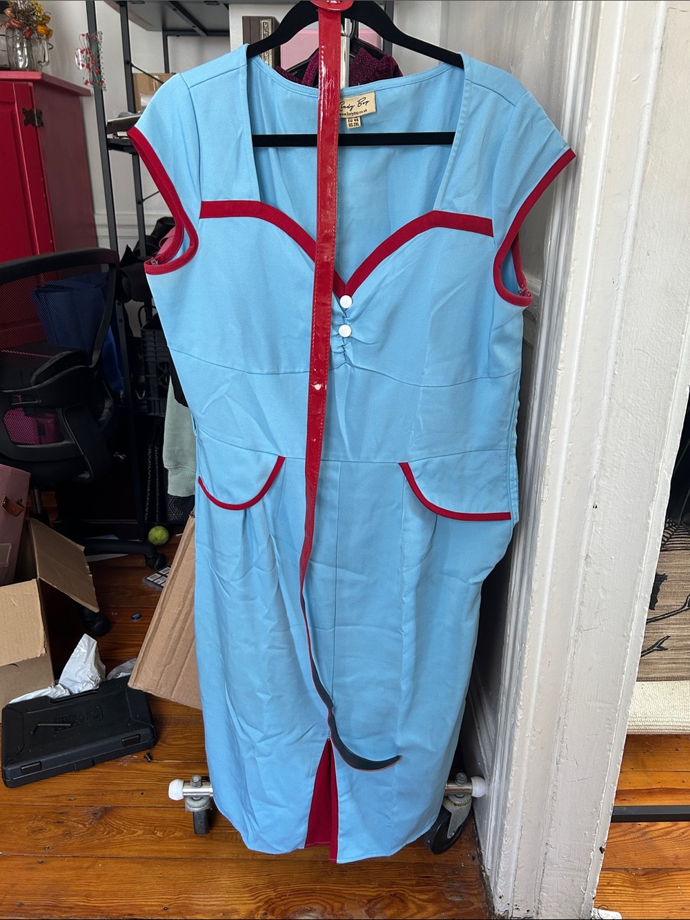 Lindy Bop Light Blue Dress with Red Trim